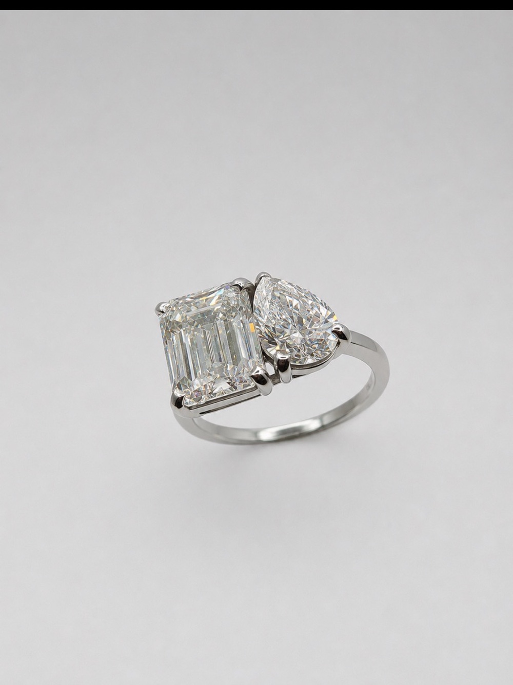 White Gold Two-Stone Emerald and Pear Diamond Ring - White